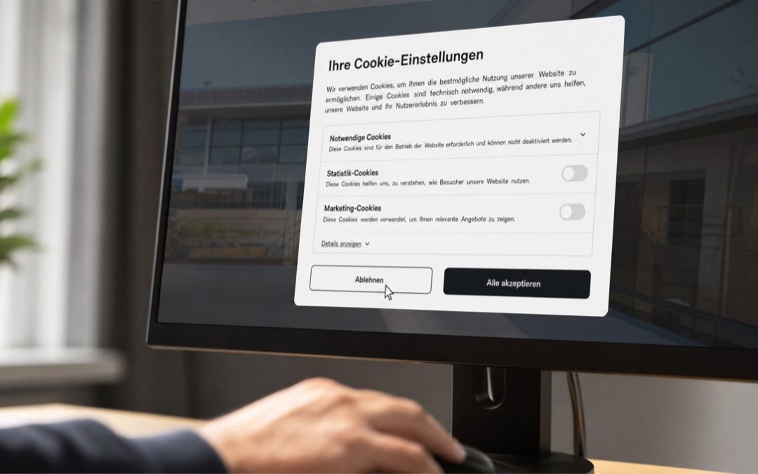 Ein rechtssicherer Cookie-Banner mit deutlich beschrifteten Zustimmungs- und Ablehnungsschaltflächen auf einer Unternehmenswebsite.