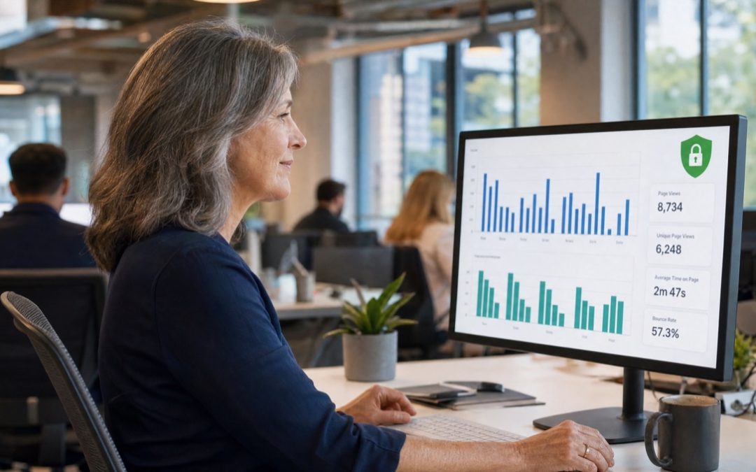 Marketingleiterin analysiert ein datenschutzkonformes Web-Analyse-Dashboard ohne personenbezogene Daten im Büro.