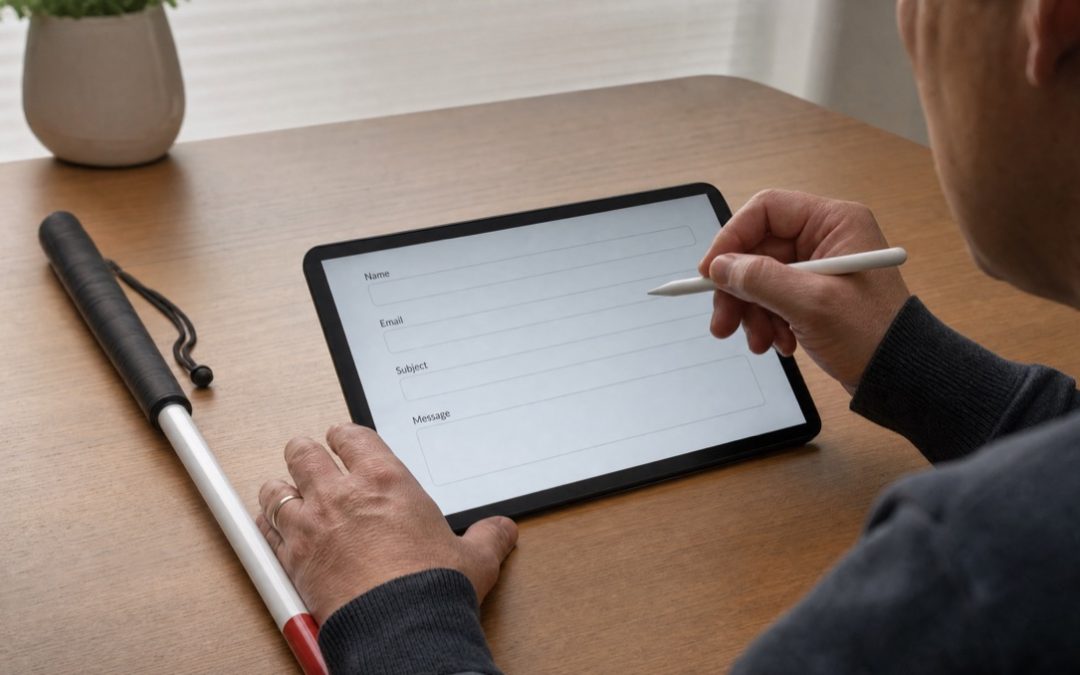 Person mit Seheinschränkung füllt ein barrierefreies Kontaktformular auf einem Tablet mit Stylus aus.