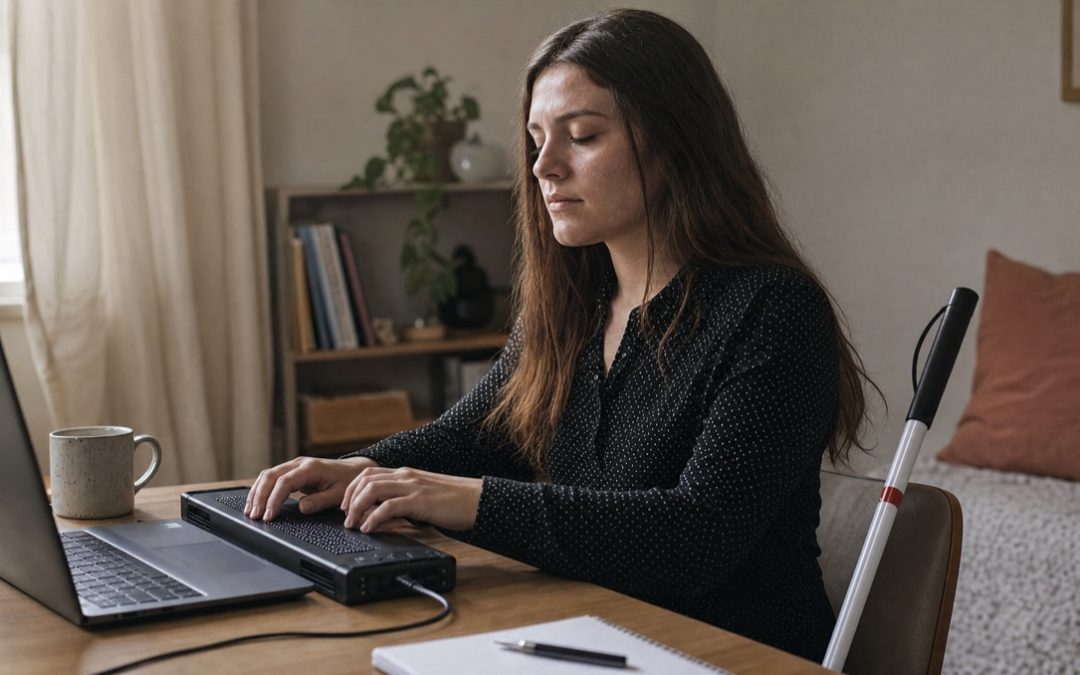 Blinde Frau liest Webseiteinhalte über eine Braillezeile an ihrem Laptop-Arbeitsplatz.