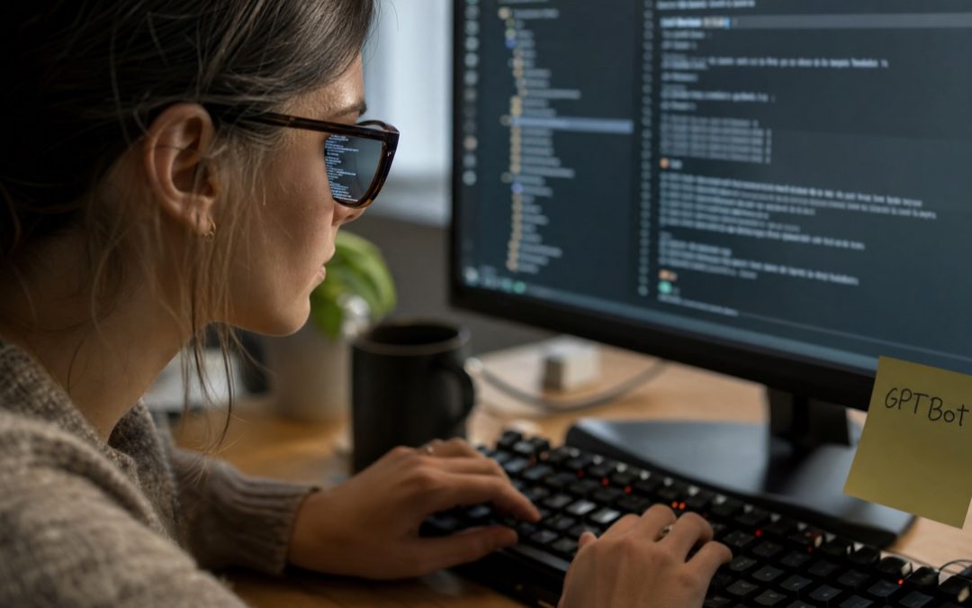 Entwicklerin tippt eine robots.txt-Datei im Code-Editor, ein handgeschriebener Hinweis auf KI-Crawler am Monitor.