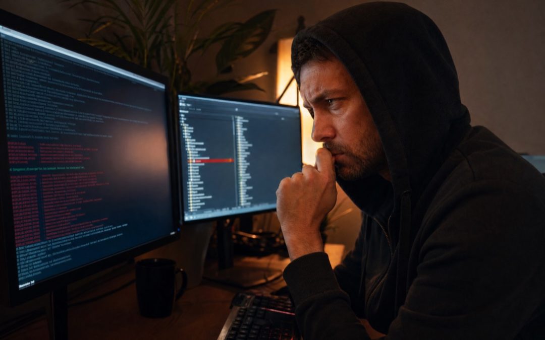IT-Sicherheitsexperte analysiert in einem dunklen Büro Schadcode auf zwei Bildschirmen bei der WordPress-Bereinigung.