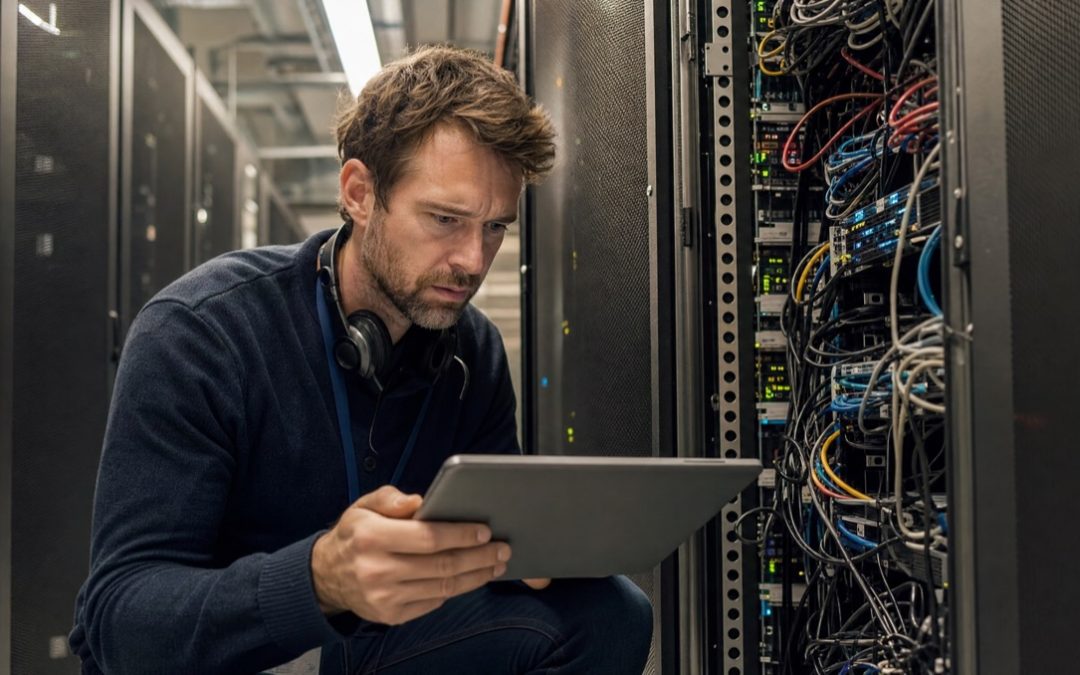 IT-Administrator prüft mit Tablet-Checkliste in einem Serverraum den Wiederherstellungsplan nach einem Website-Ausfall.