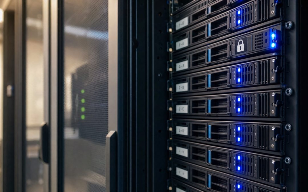 Beschriftete Server-Laufwerke in einem gesicherten Rack-Schrank symbolisieren DSGVO-konformes Backup.