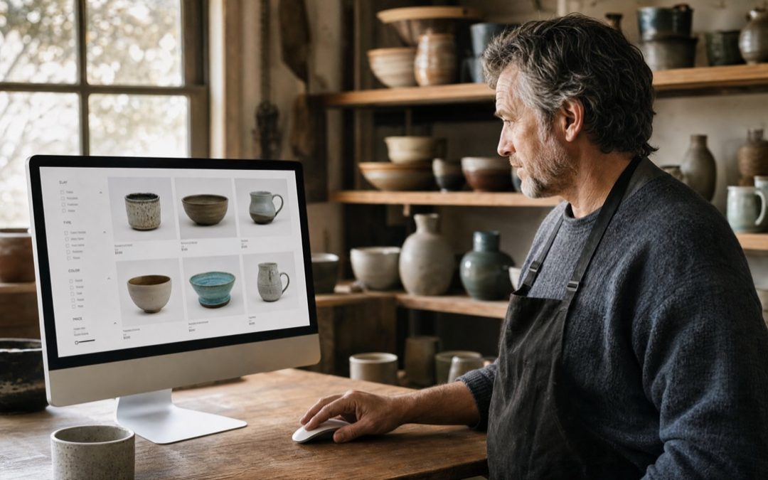 Shopbetreiberin testet Produktfilter im eigenen WooCommerce-Onlineshop in ihrer Werkstatt.