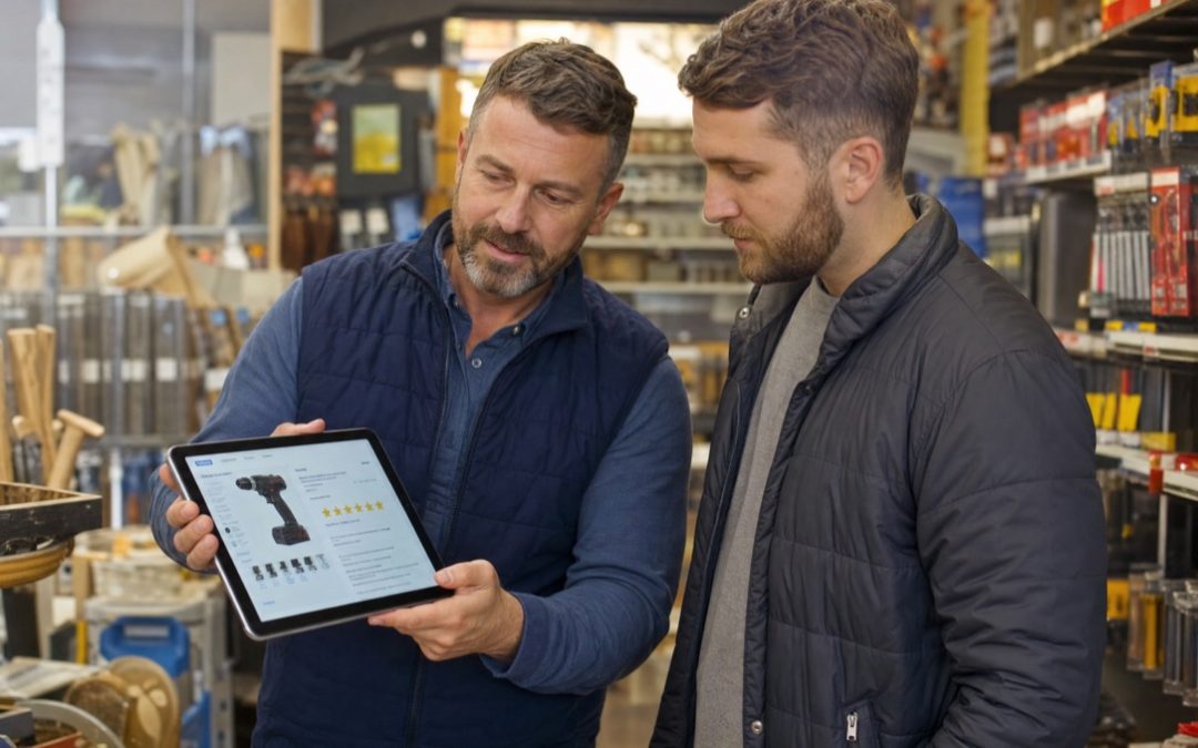 Ladenbesitzer zeigt einem Kunden im Baumarkt Produktbewertungen auf einem Tablet-Display.