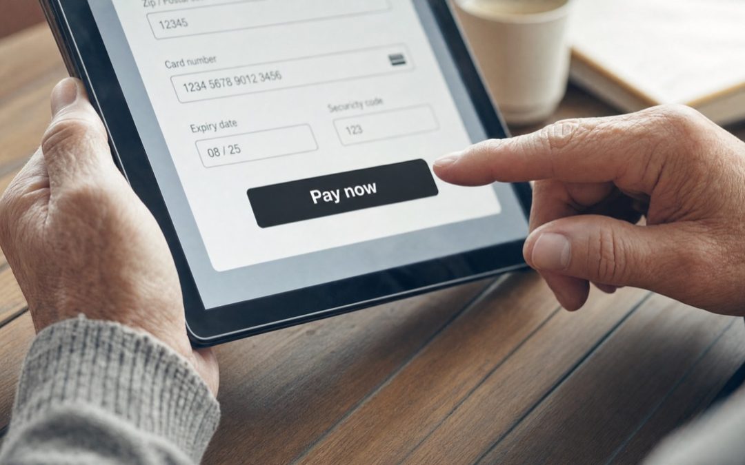 Ältere Person navigiert mit dem Finger durch einen barrierefreien Onlineshop-Bezahlprozess auf einem Tablet.