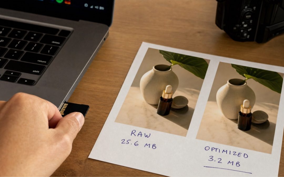 Speicherkarte wird in Laptop gesteckt, daneben ein handschriftlicher Dateigrößenvergleich zweier Produktfotos.