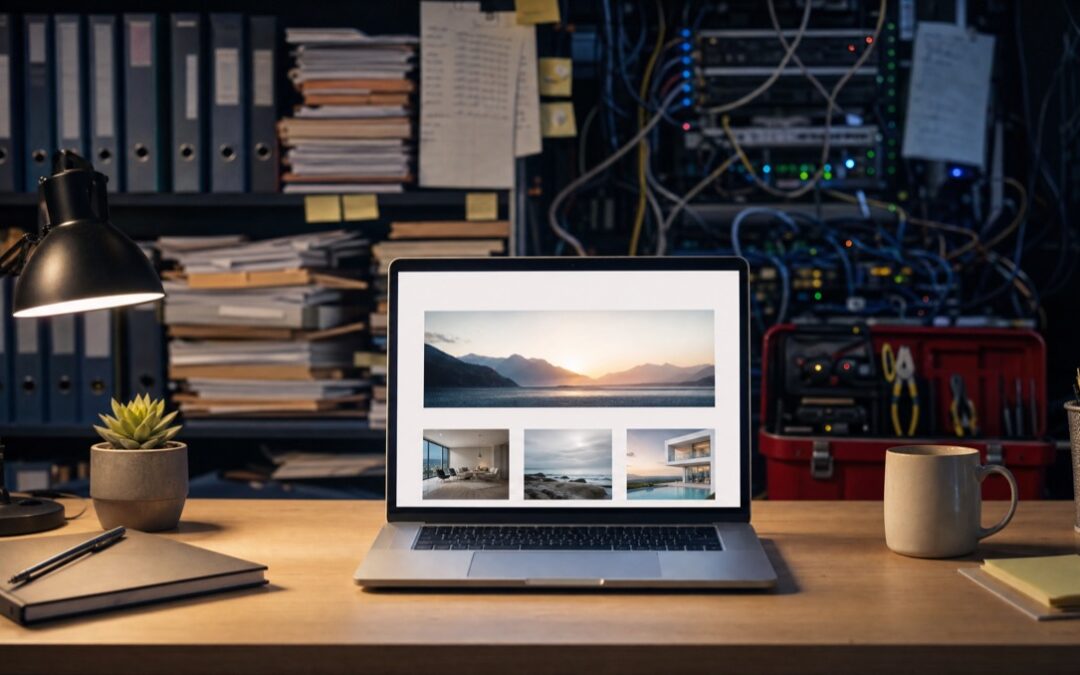 Fertige Website auf einem Laptop, dahinter im Schatten Aktenordner, Kabel und Servertechnik