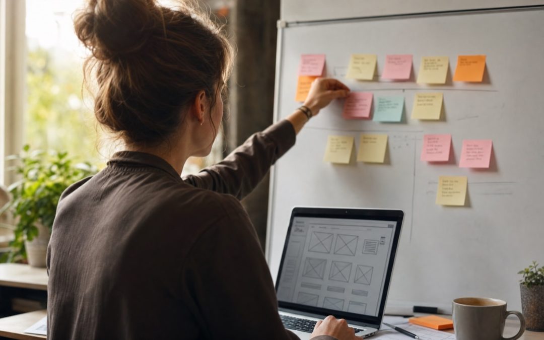 Webdesignerin strukturiert den Aufbau einer Leistungsseite mit Haftnotizen an einem Whiteboard.