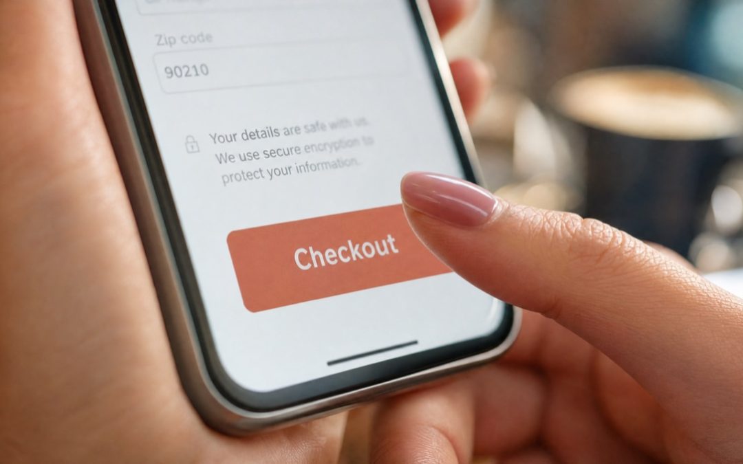 Daumen einer Frau schwebt über einem klar beschrifteten Checkout-Button auf einem Smartphone-Display.