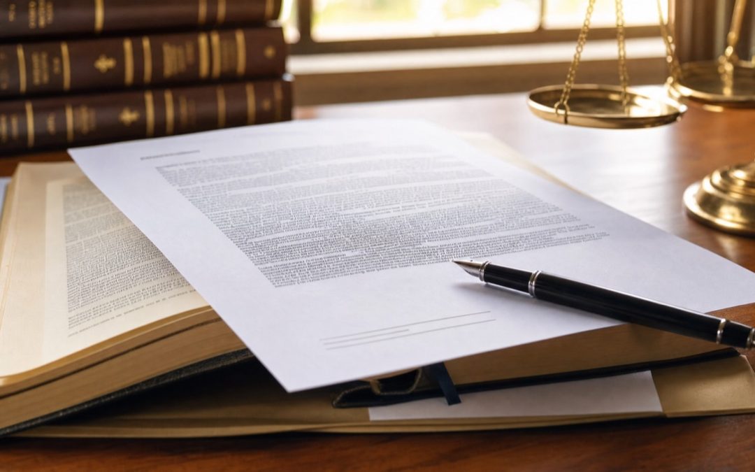 Jurist prüft ein ausgedrucktes Website-Impressum mit Stift in der Hand auf dem Schreibtisch.
