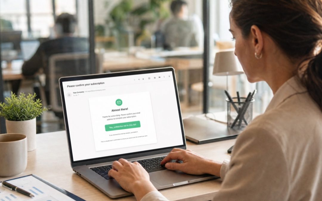 Eine Marketing-Managerin bearbeitet eine Double-Opt-in-Bestätigungs-E-Mail für ihren rechtssicheren Newsletter-Verteiler.