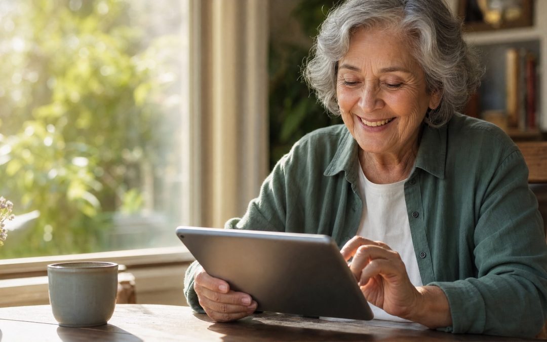 Ältere Frau nutzt lächelnd eine barrierefreie Website am Tablet
