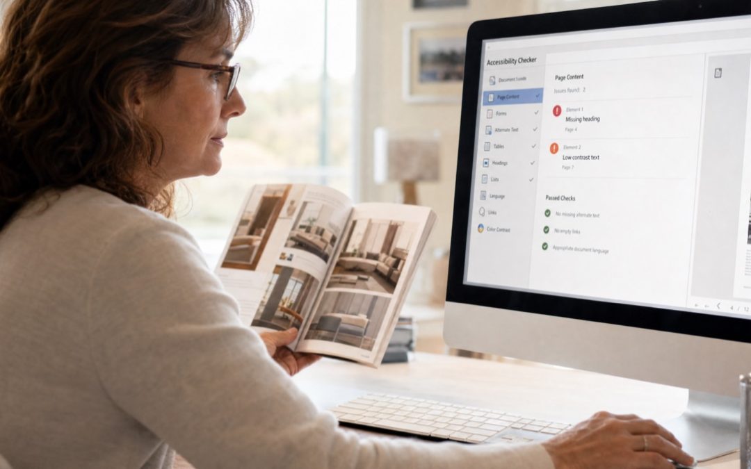Eine Frau prüft einen gedruckten Produktkatalog neben einem Monitor, auf dem ein PDF-Barrierefreiheits-Tool geöffnet ist.
