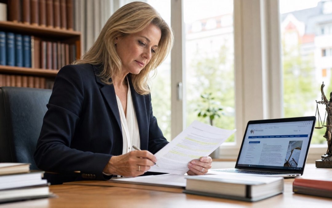 Rechtsanwältin in heller Kanzlei liest konzentriert ein markiertes Rechtsdokument zum Thema digitale Barrierefreiheit.