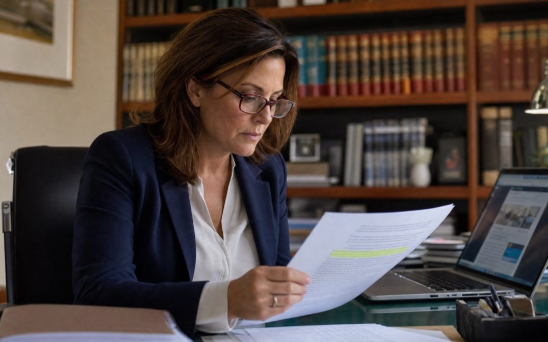 Juristin liest sorgfältig ein gedrucktes Dokument zur Barrierefreiheitserklärung an ihrem Büroschreibtisch.