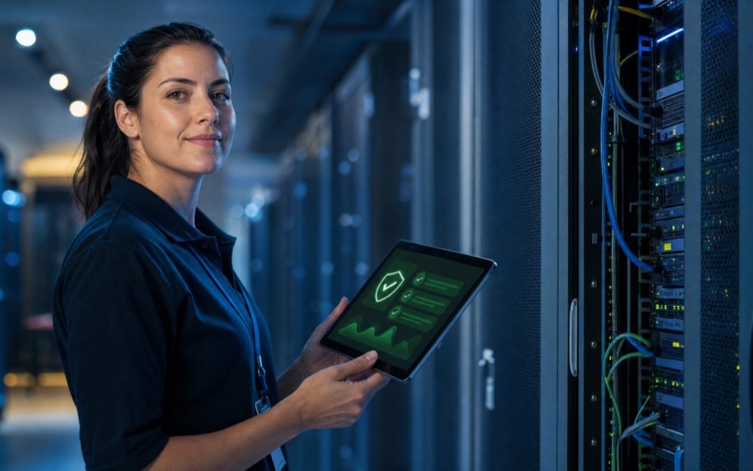IT-Technikerin prüft die laufende Wartung einer WordPress-Website im Serverraum