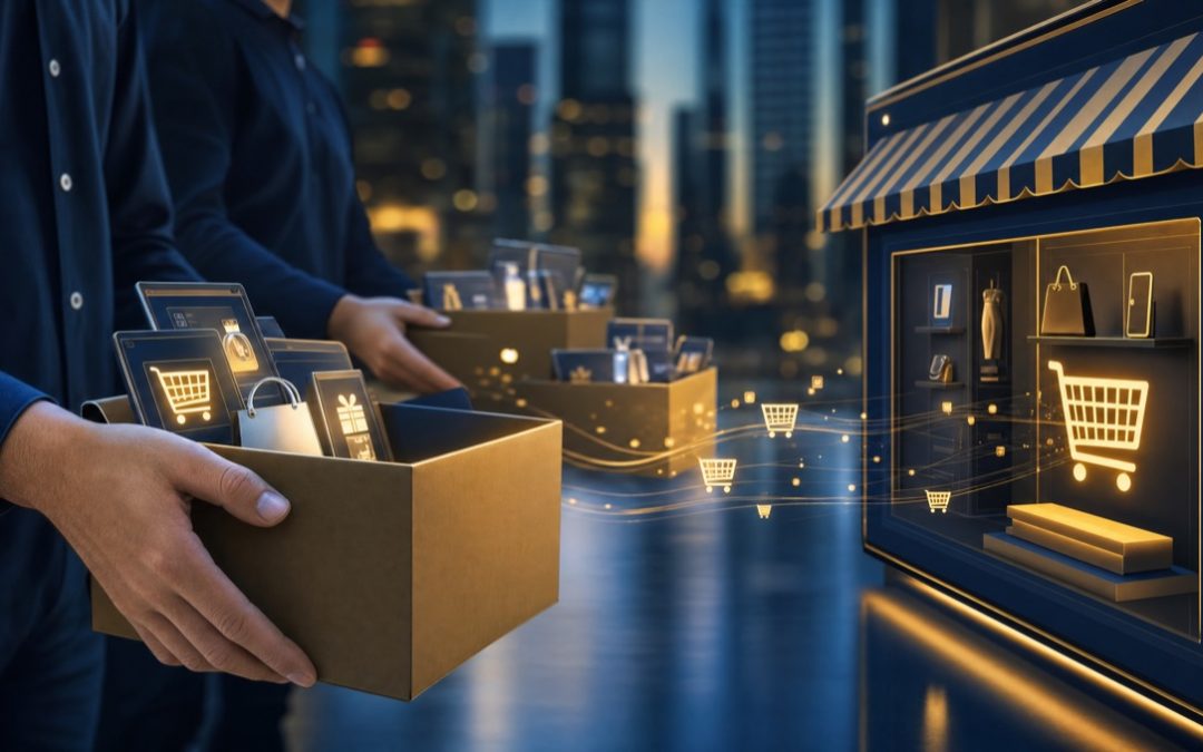 Umzugskartons mit digitalen Produktdaten ziehen zu einem neuen Onlineshop als Sinnbild für eine WooCommerce-Migration