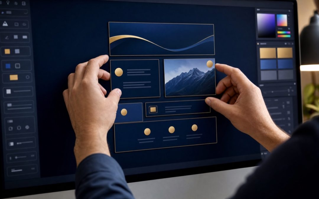 Webdesignerin ordnet Layout-Bausteine am Bildschirm als Sinnbild für den Vergleich von Page-Buildern