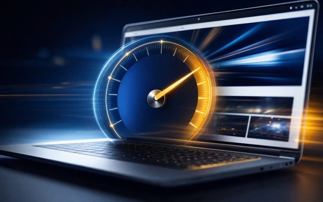 Geschwindigkeitsanzeige auf einem Laptop als Sinnbild für WordPress-Performance-Optimierung
