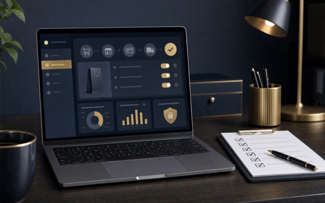 Onlineshop-Setup-Dashboard mit Schaltern und Zahnrädern als Sinnbild für die WooCommerce-Grundkonfiguration vor dem Launch