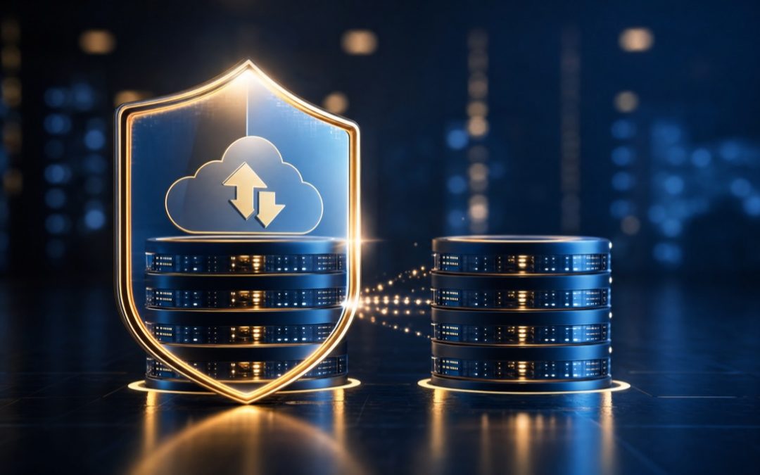 Schutzschild über gesicherten Server-Daten mit Cloud-Backup als Sinnbild für zuverlässige WordPress-Backups