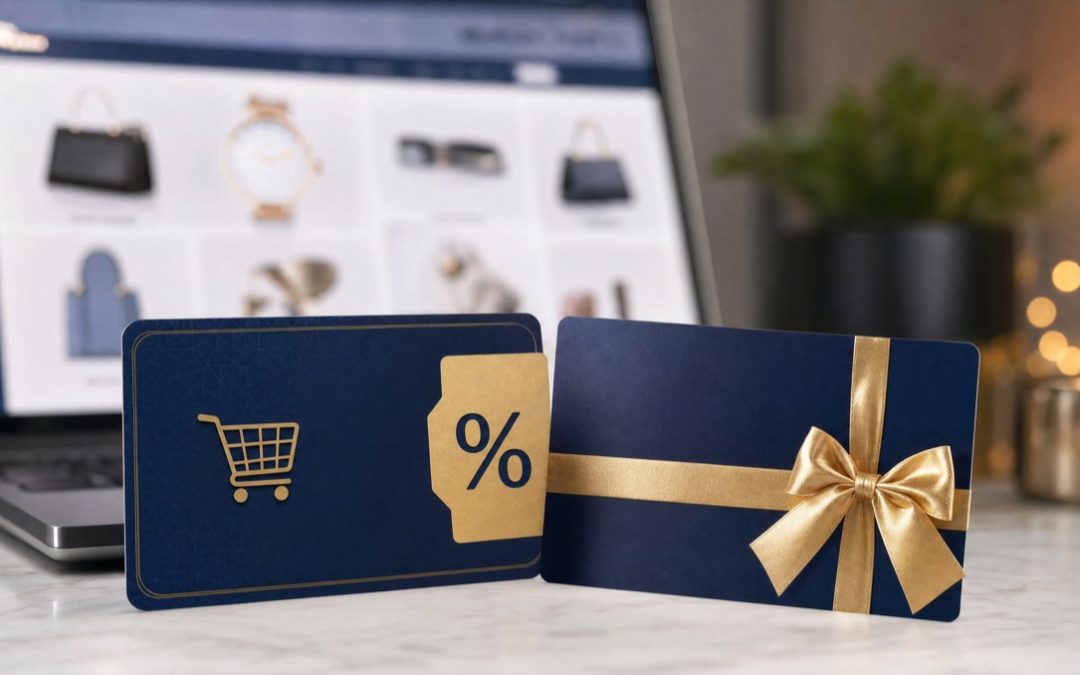 Rabatt-Coupon und Gutscheinkarte mit Prozent-Tag als Sinnbild für rechtssichere WooCommerce-Gutscheine