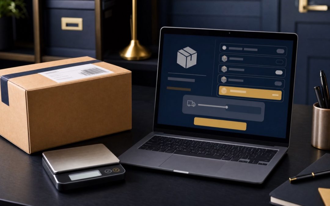 Versandpaket mit Etikett und Waage als Sinnbild für die WooCommerce-Versandkosten-Konfiguration
