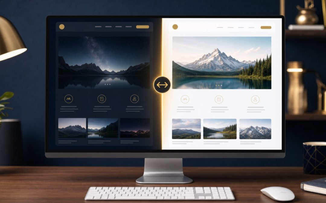 Website wechselt zwischen zwei Designs als Sinnbild für den WordPress-Theme-Wechsel ohne Datenverlust