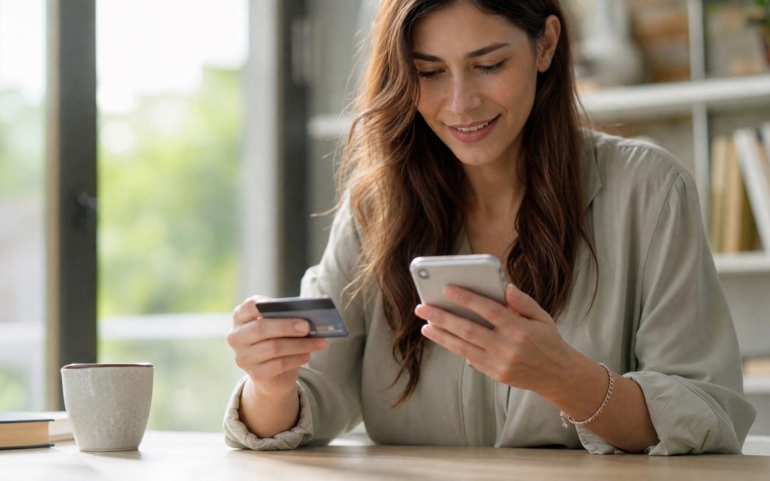Kundin bezahlt bequem online mit Karte und Smartphone
