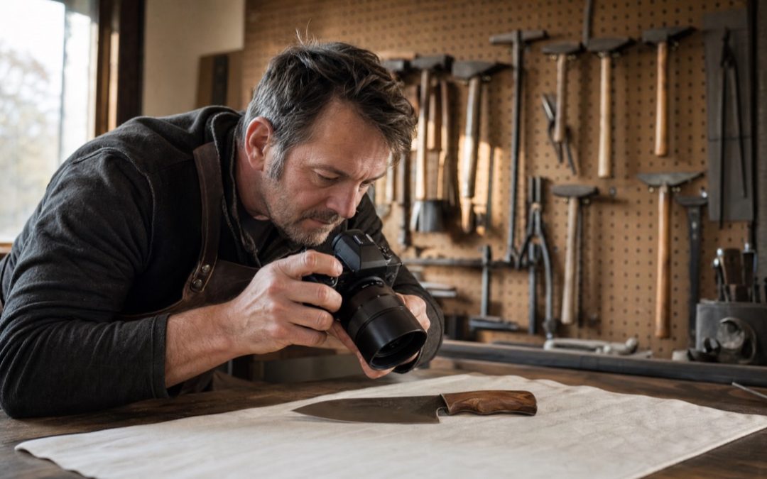 Handwerker fotografiert ein selbst gefertigtes Messer für seine Onlineshop-Produktbeschreibung.