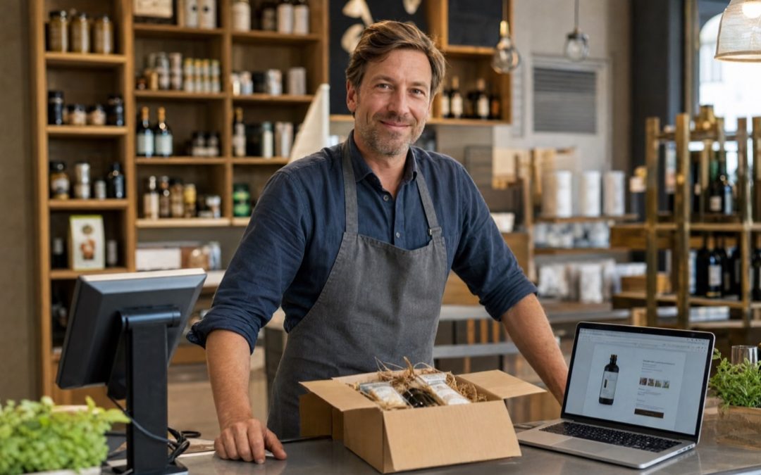 Ladeninhaber steht hinter seinem Verkaufstresen mit geöffnetem Laptop, auf dem sein erster Onlineshop zu sehen ist.