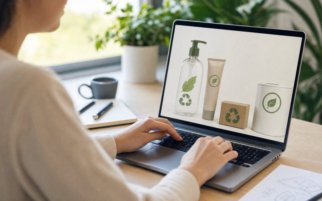 Person prüft am Laptop mehrere Produkte mit grünen Umweltsiegeln, im Hintergrund Zimmerpflanzen.