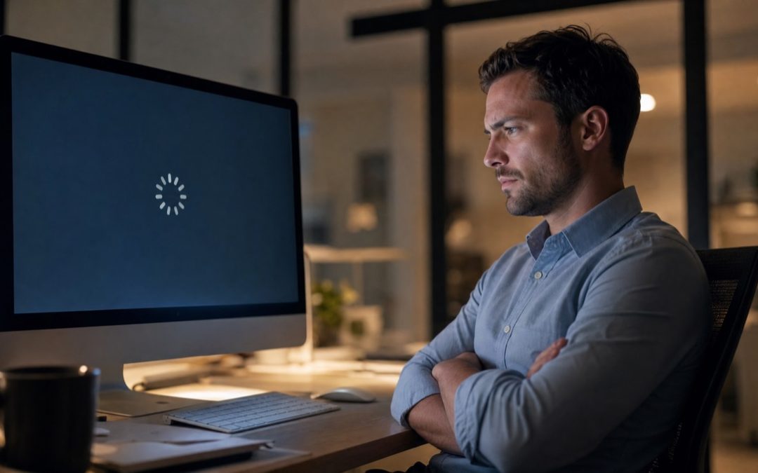 Mitarbeiter wartet abends ungeduldig auf eine langsam ladende Website mit Ladeanimation auf dem Monitor.